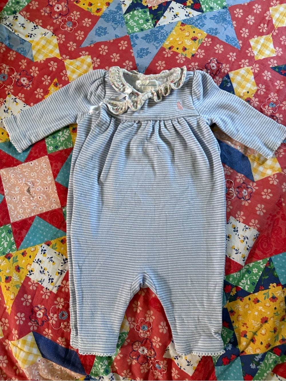 Ralph Lauren Blue & White Striped Ruffle Collar Baby One-Piece